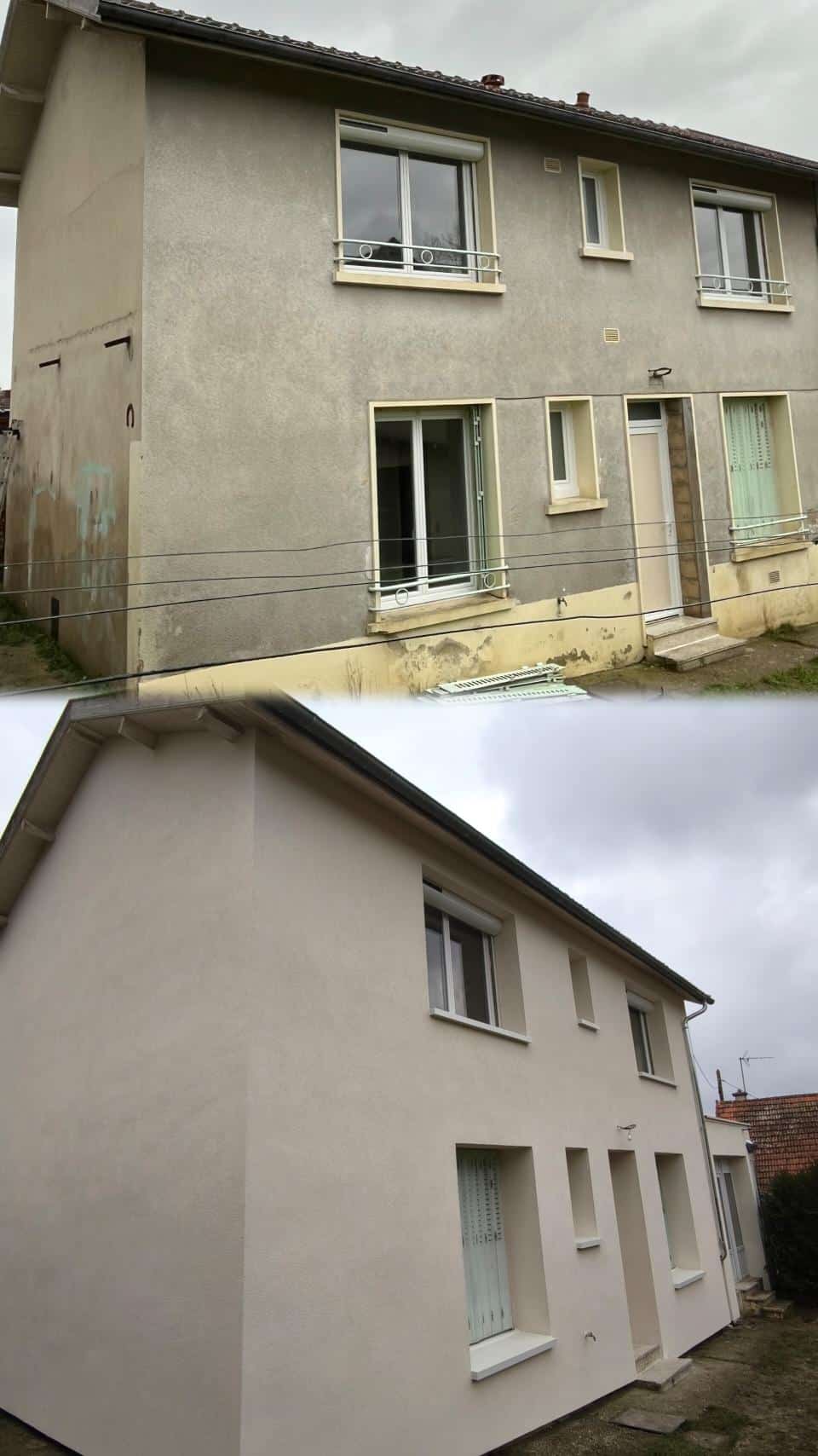 Peinture de façade avant/après sur enduit neuf à Tinqueux, avec priming et peinture acrylique – Finition satinée et durable