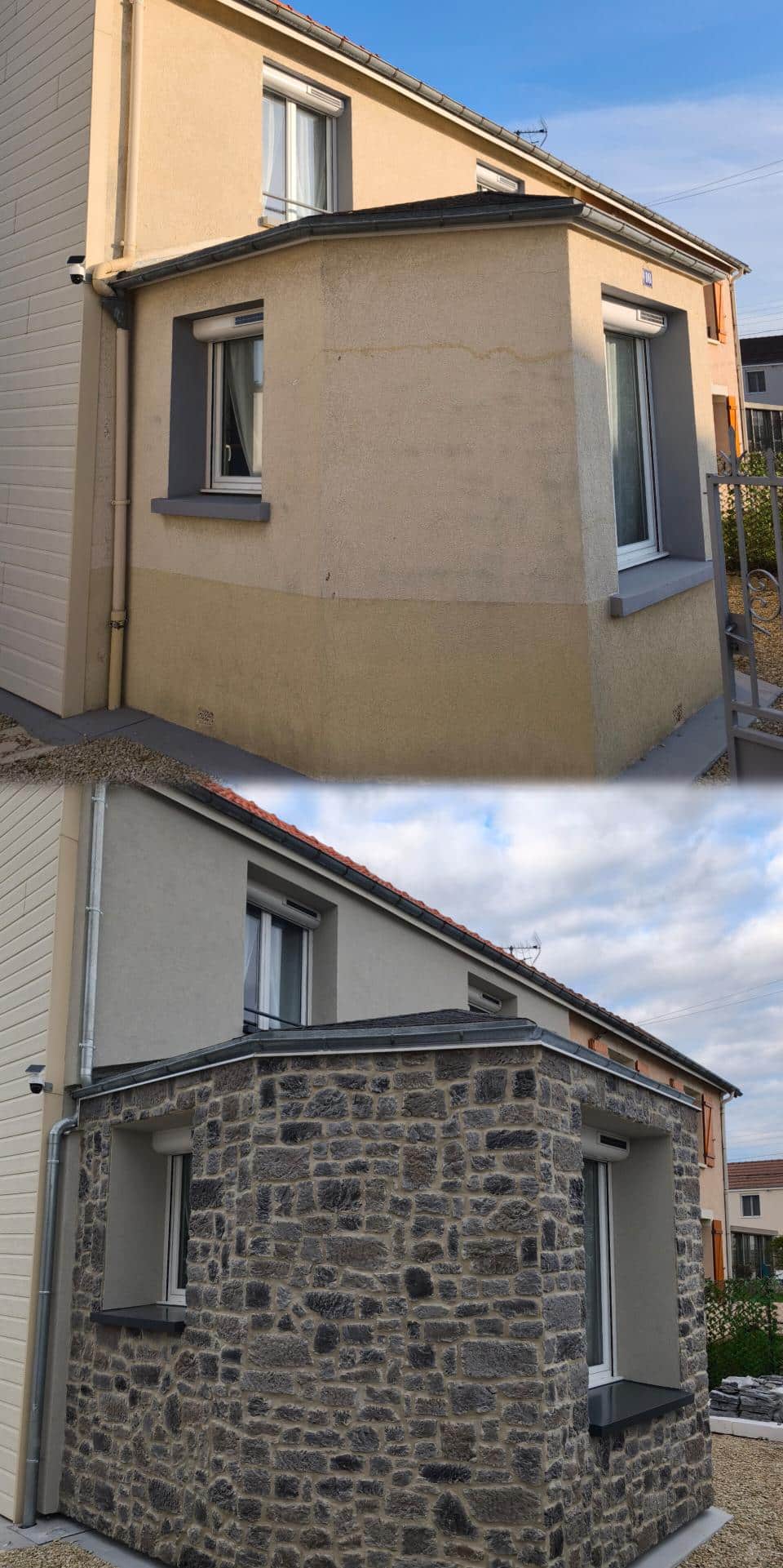 Ravalement et peinture de façade en pierre avant/après à Cormontreuil, réalisé par un artisan spécialisé à Reims – Nettoyage haute pression et peinture minérale